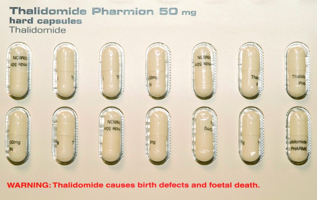 A repurposing success story. Thalidomide, the drug responsible for thousands of birth malformations in the late 1950s, re-emerged 40 years later as a significant new treatment for people with refractory multiple myeloma